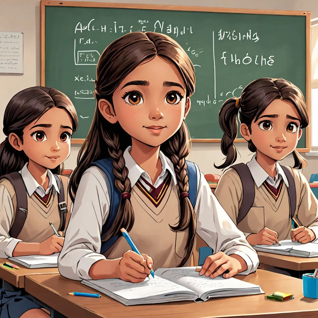 a group of girls sitting at desks with books and pencils in front of them, with a chalkboard in the background, bengal school of art, a comic book panel, Cliff Childs, official art