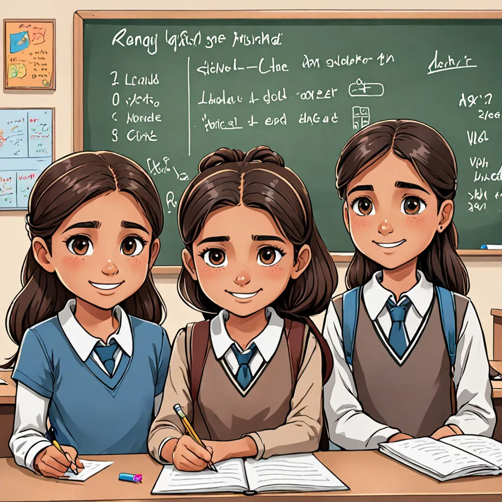 three girls sitting at a desk with a book and pencil in front of them, and a chalkboard behind them, danube school, a comic book panel, Diego Gisbert Llorens, official art