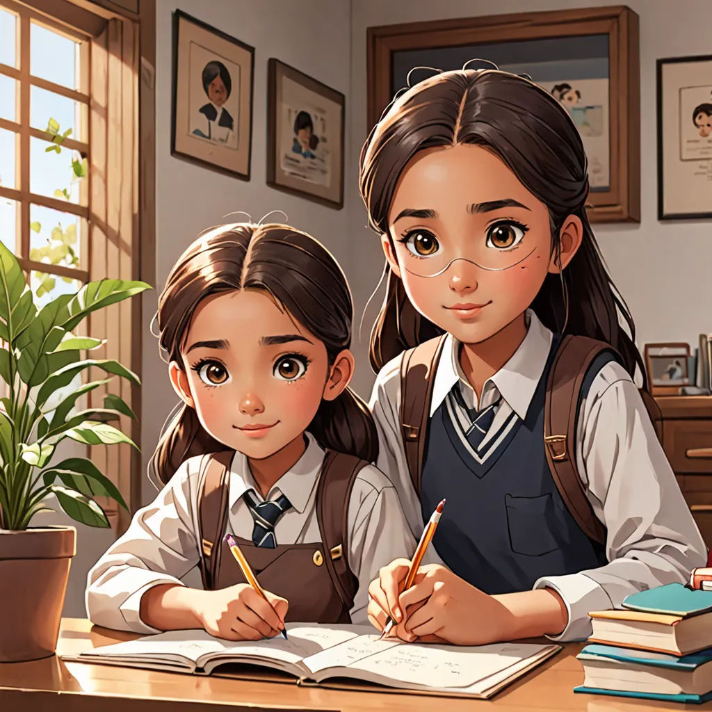 two girls sitting at a desk with books and a pen in their hands and a plant in the background, academic art, a storybook illustration, Artgerm, stanley artgerm lau