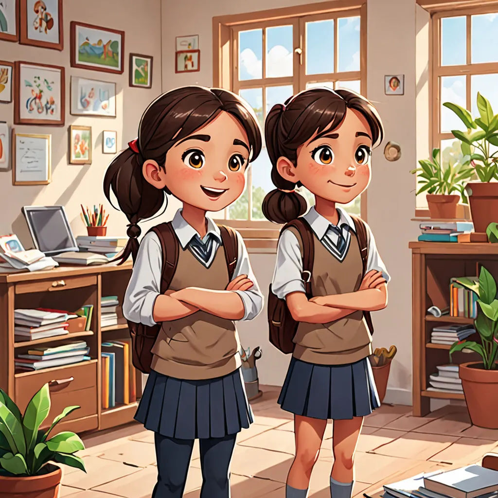 two girls standing in a room with a desk and a laptop computer on it, with a potted plant in the corner, danube school, a storybook illustration, Diego Gisbert Llorens, official art
