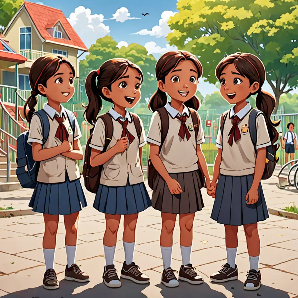 a group of young girls standing next to each other in front of a playground area with a playground in the background, danube school, a storybook illustration, Anthony Devas, official art