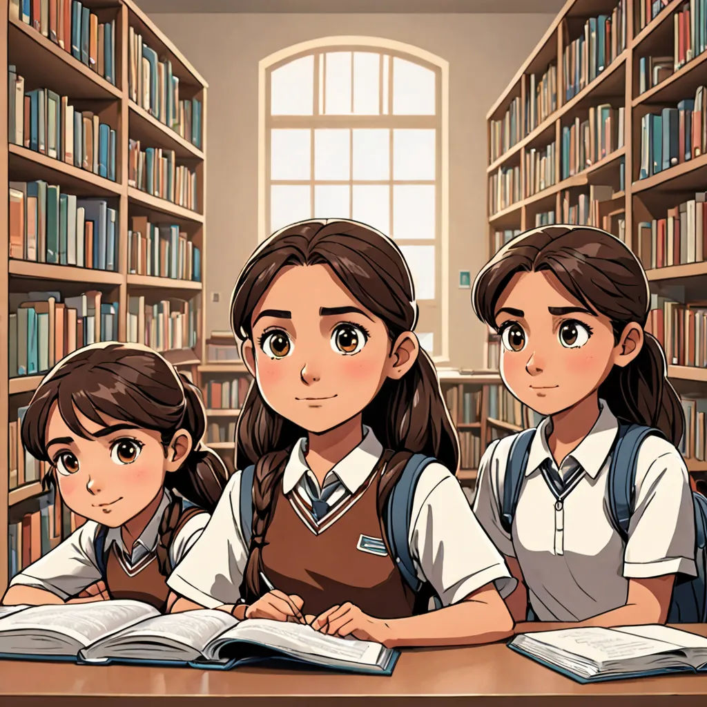 a group of girls sitting at a table in a library with books on the shelves and a window behind them, serial art, a comic book panel, Diego Gisbert Llorens, official art
