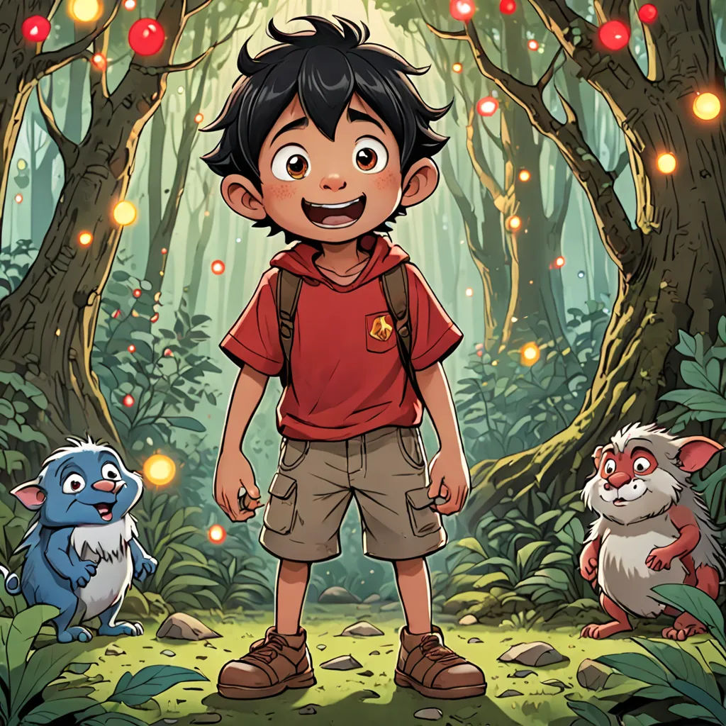 a boy standing in the woods with two animals around him and a forest full of fireflies in the background, fantasy art, a storybook illustration, Diego Gisbert Llorens, promotional image
