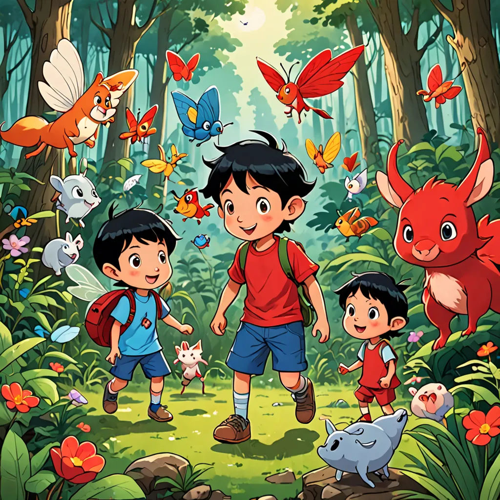 a group of children walking through a forest with animals and plants around them, with a dragon flying above them, lyco art, a storybook illustration, Du Jin, promotional image