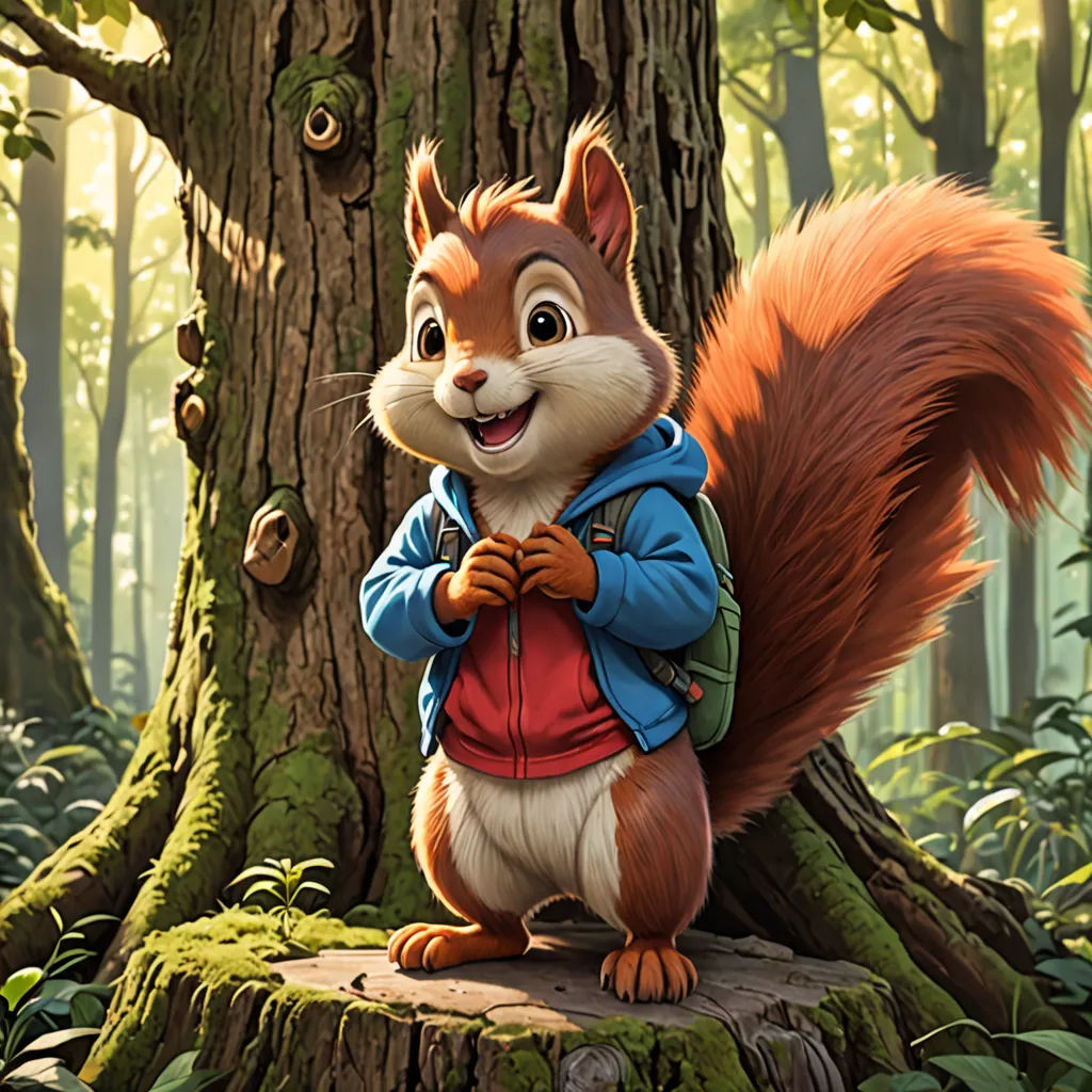 a cartoon squirrel with a backpack standing on a stump in the woods with a tree trunk in the background, furry art, a character portrait, Chris LaBrooy, official art