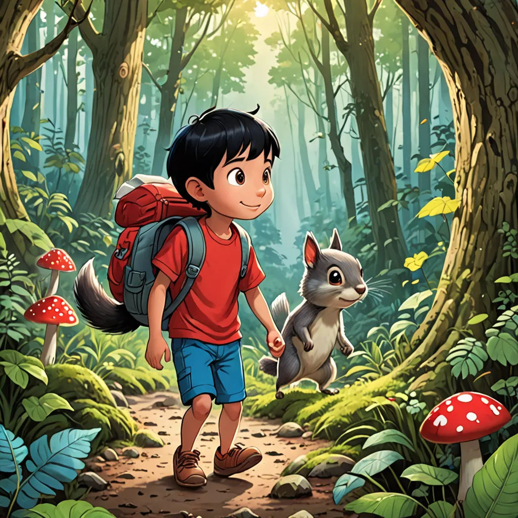 a boy with a backpack and a squirrel in a forest with mushrooms and trees on the ground and a forest with mushrooms and mushrooms, sots art, a storybook illustration, Diego Gisbert Llorens, promotional image