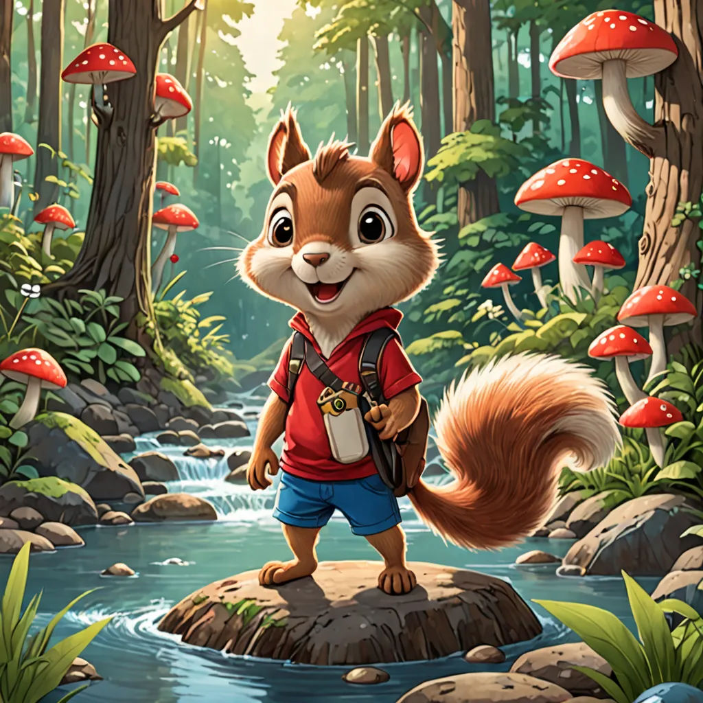 a cartoon squirrel with a backpack standing on a rock in a forest with mushrooms and a stream in the background, furry art, a character portrait, Chris LaBrooy, key art