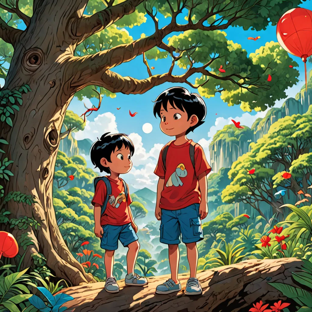 two children standing in the middle of a forest with a red balloon in the sky above them and a mountain in the background, lyco art, a storybook illustration, Brothers Hildebrandt, yukito kishiro