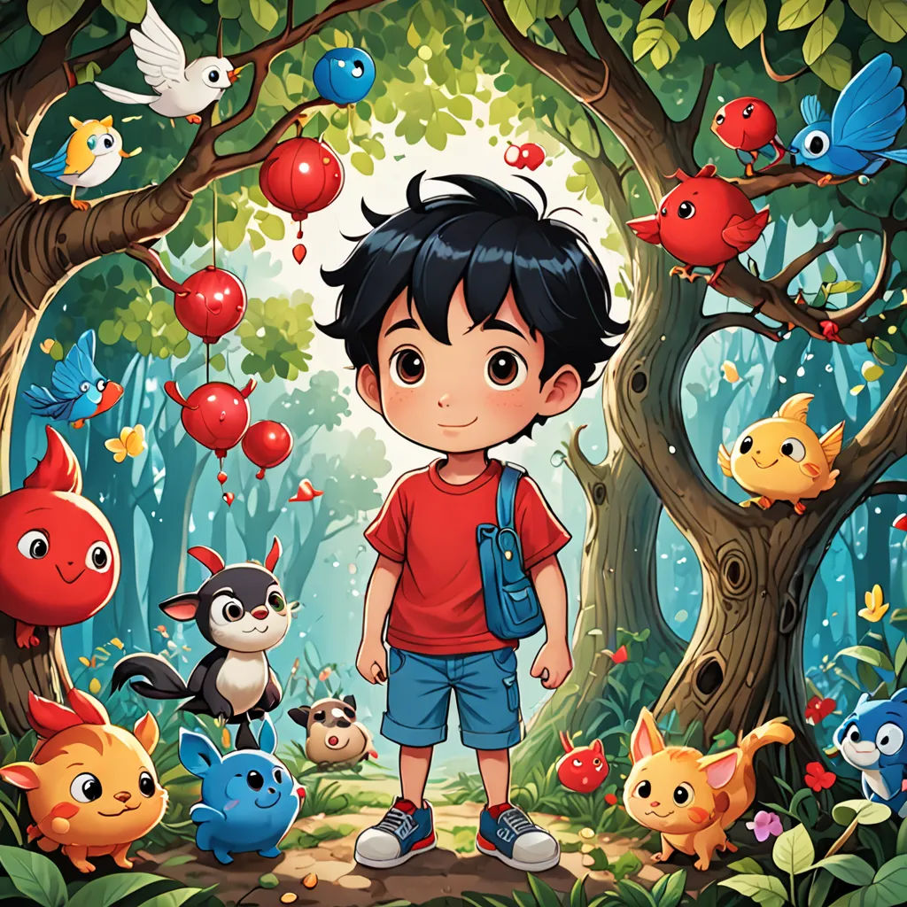a boy standing in the middle of a forest with many animals around him and a bird flying above him, lyco art, a storybook illustration, Diego Gisbert Llorens, promotional image