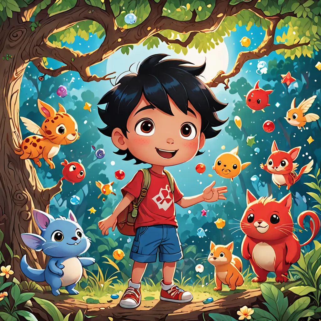 a boy standing in front of a forest filled with animals and plants, with a tree in the background, lyco art, a storybook illustration, Cliff Childs, promotional image