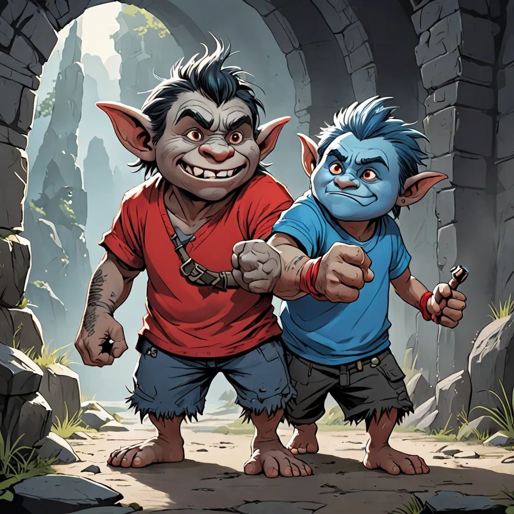 two cartoon characters are standing in a cave together, one is pointing at the other one's hand, altermodern, concept art, Alex Horley, magic the gathering artwork