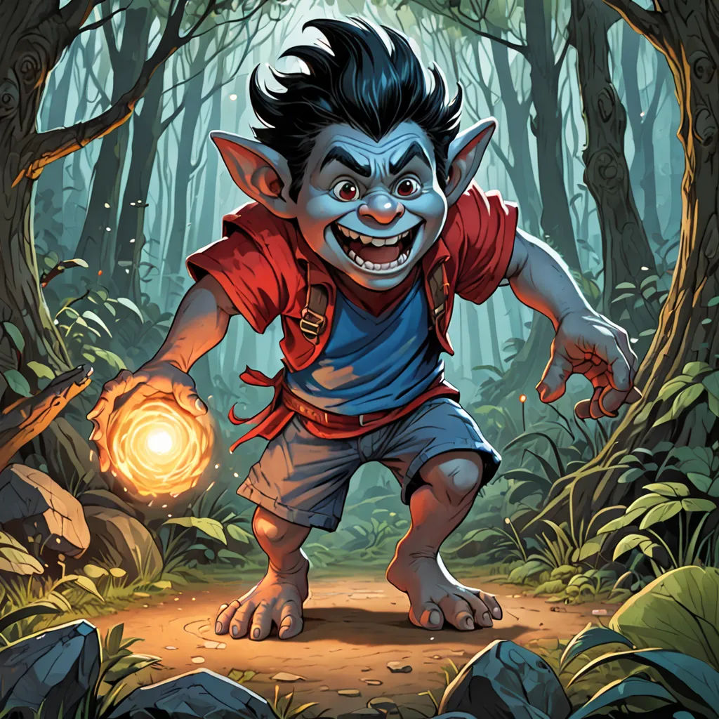 a cartoon character with a light in his hand in a forest with rocks and trees, with a light in his hand, altermodern, concept art, Brom, magic the gathering artwork