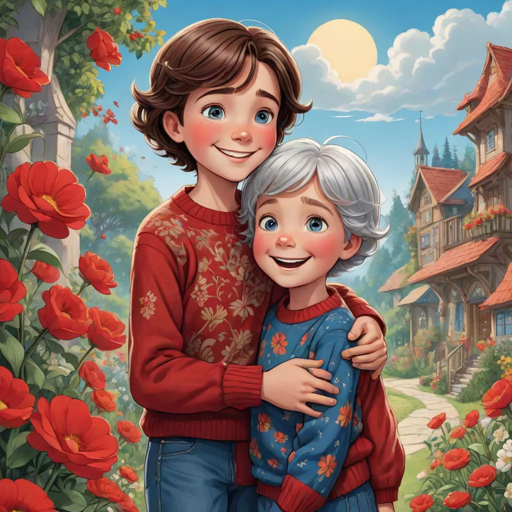 a painting of a boy and girl hugging in front of a flower garden with a house in the background, sots art, a storybook illustration, Brothers Hildebrandt, official art