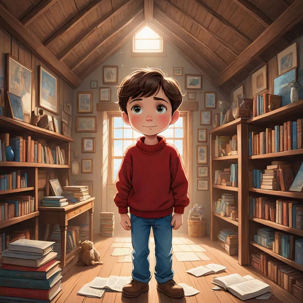 a boy standing in a library with books on the floor and a teddy bear sitting on the floor in front of him, photorealism, a storybook illustration, Diego Gisbert Llorens, storybook illustration