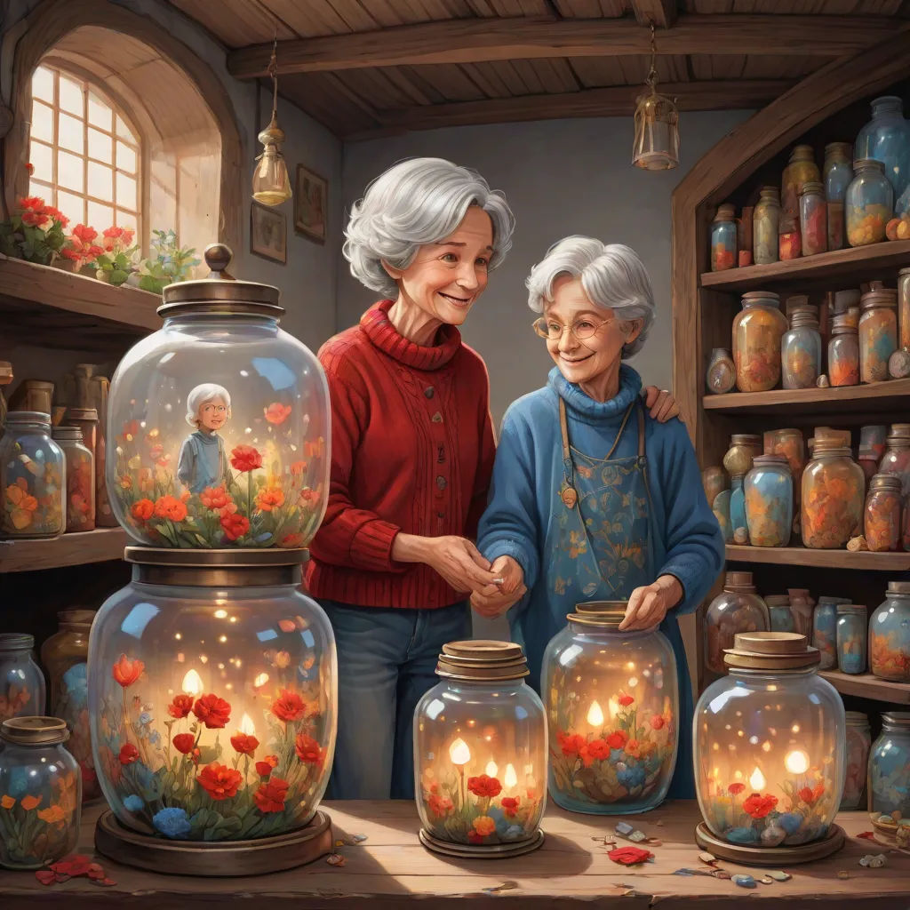 a painting of two women standing next to each other in front of a display of jars with flowers and candles, magic realism, a storybook illustration, Chris LaBrooy, highly detailed digital painting