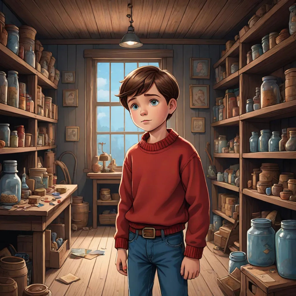 a boy standing in a room with shelves full of jars and jars on the walls and a window with a sky view, sots art, a storybook illustration, Cliff Childs, promotional image
