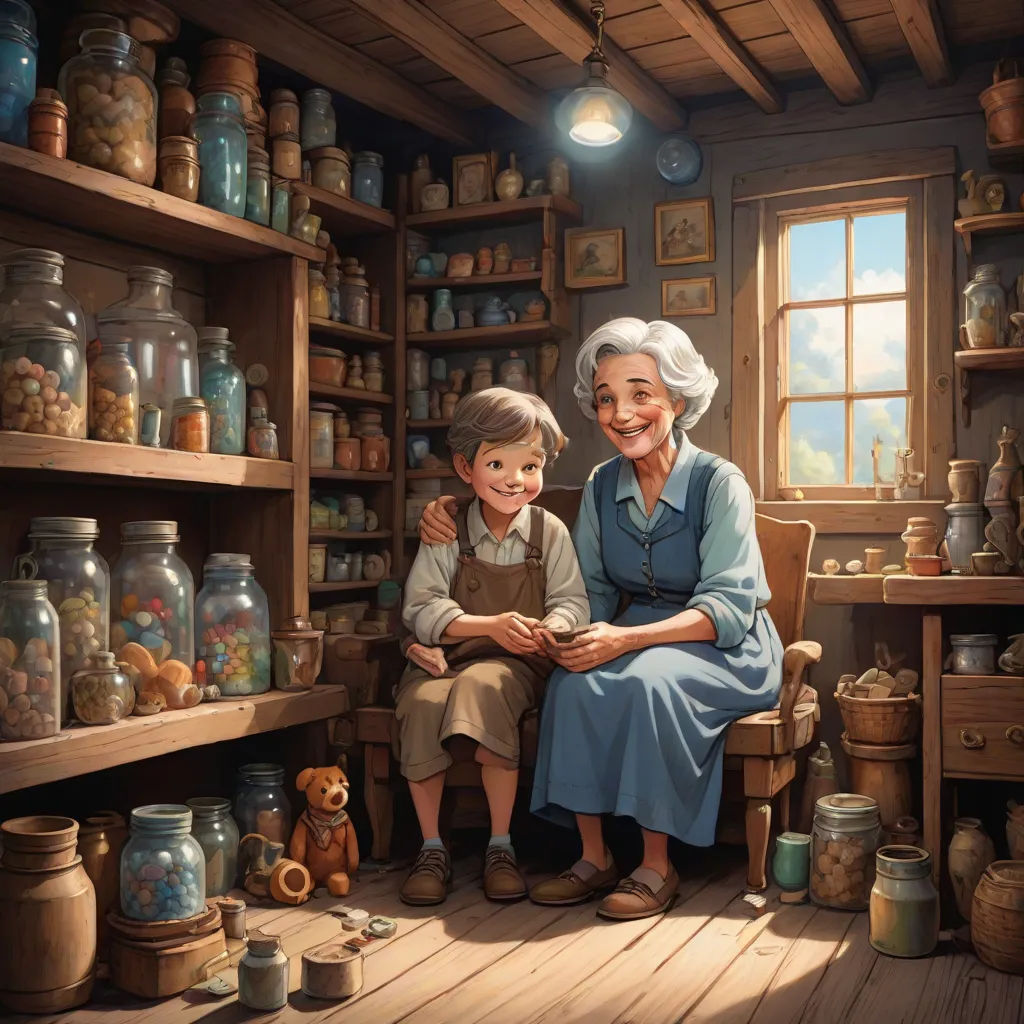 a painting of an elderly woman and child in a room full of jars and jars and a teddy bear, fantasy art, a storybook illustration, Bob Byerley, storybook illustration