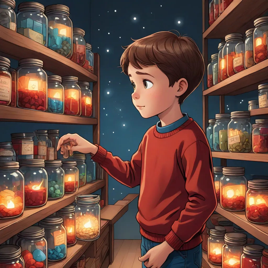 a boy is looking at jars of candles in a store shelf with stars in the background and a star in the sky, fantasy art, a storybook illustration, Aaron Jasinski, storybook illustration