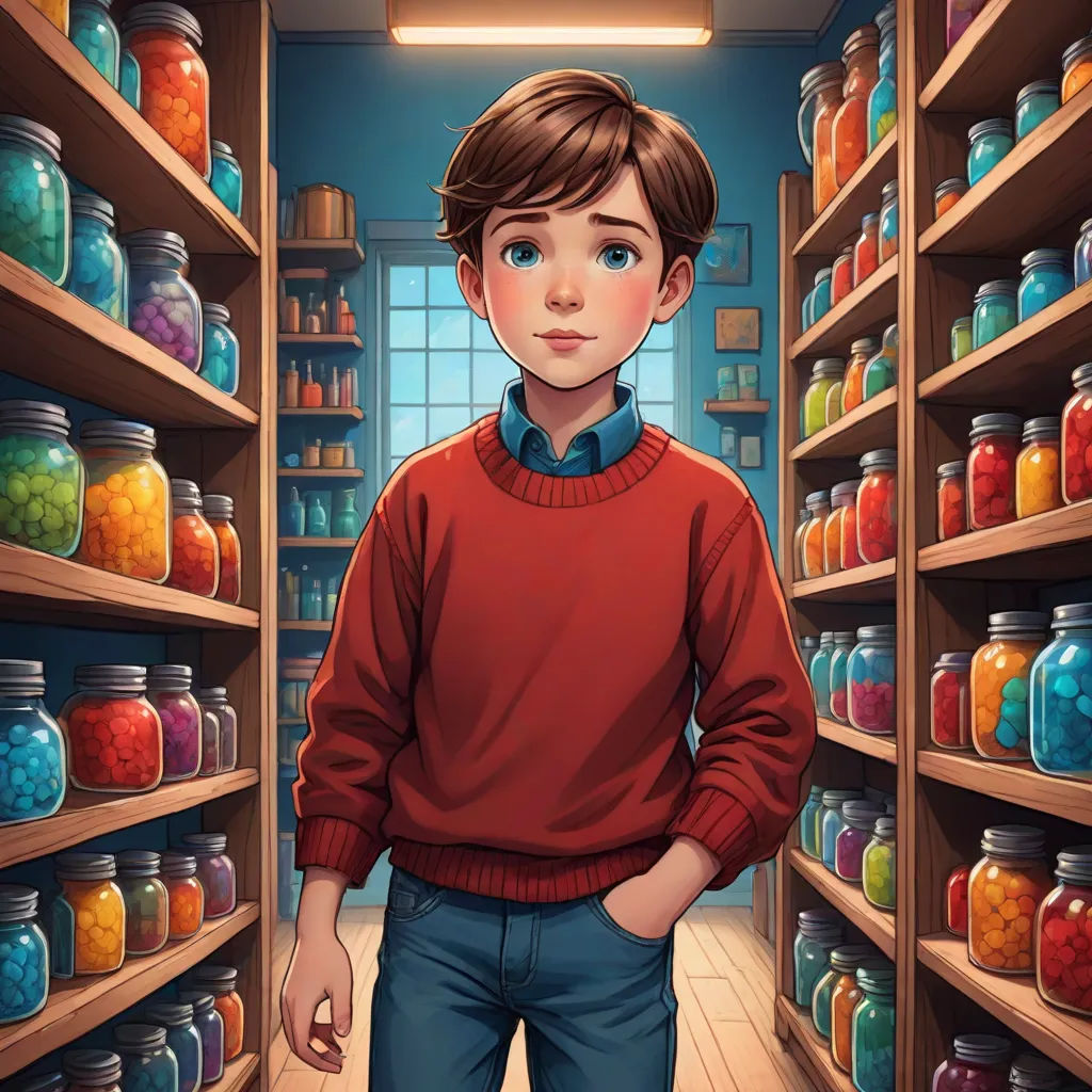 a boy standing in a room with jars on shelves and a light above him that is turned on and turned on, magic realism, a storybook illustration, Cliff Childs, kinkade