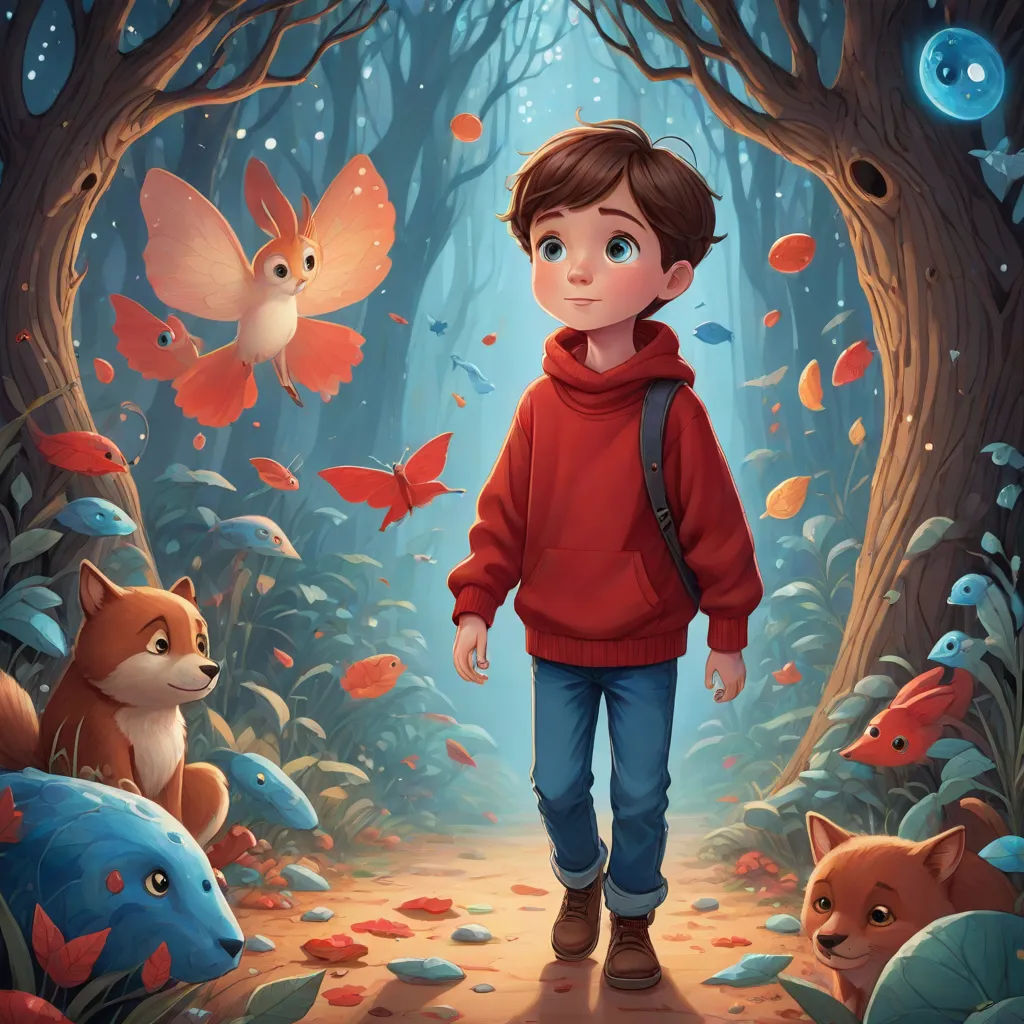 a boy in a red hoodie is walking through a forest with a bunch of animals and a fish, fantasy art, a storybook illustration, Aaron Jasinski, rossdraws global illumination