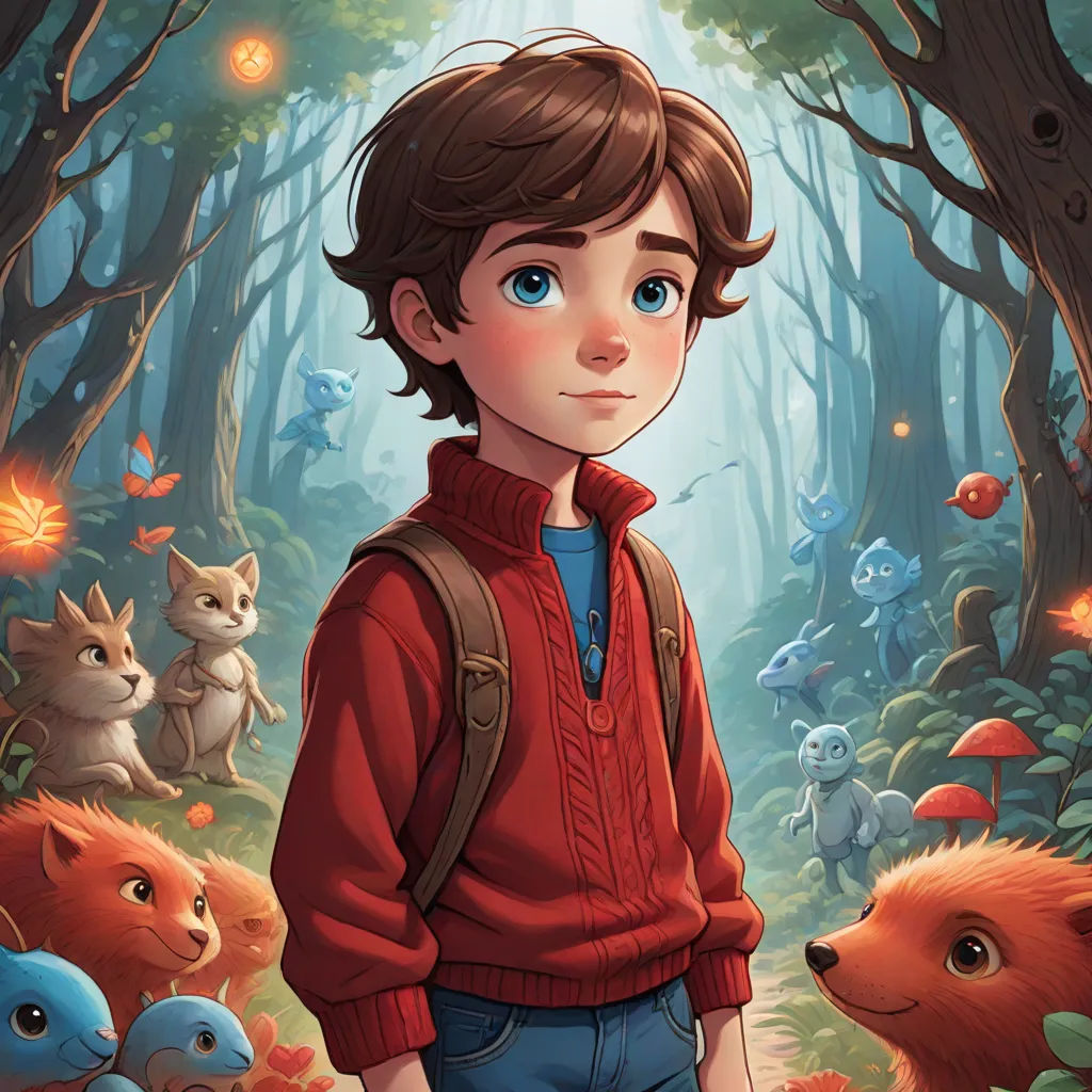 a boy in a red sweater standing in a forest with animals around him and a forest scene behind him, furry art, a storybook illustration, Aaron Jasinski, promotional image
