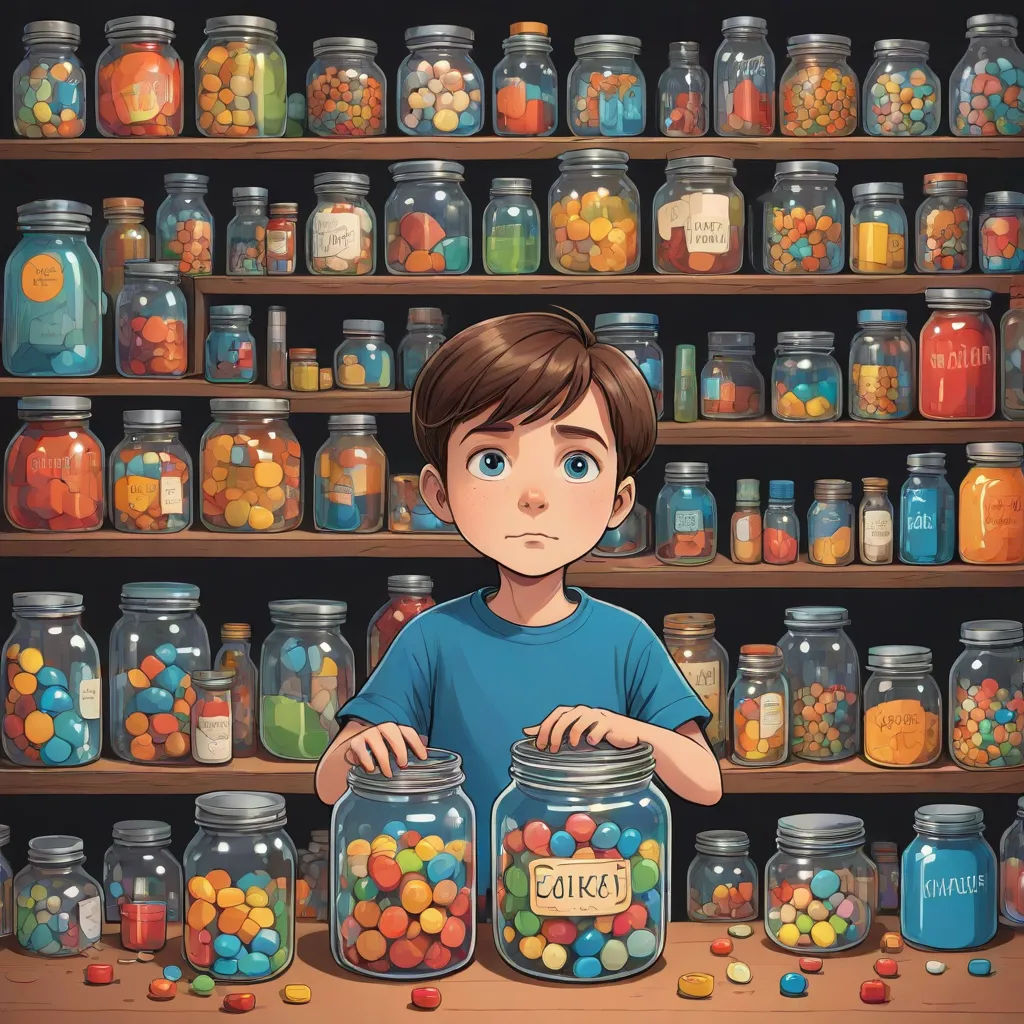 a boy is standing in front of a shelf full of jars with candy in them and a sign that says ok, neoplasticism, a storybook illustration, Chris LaBrooy, comic cover art