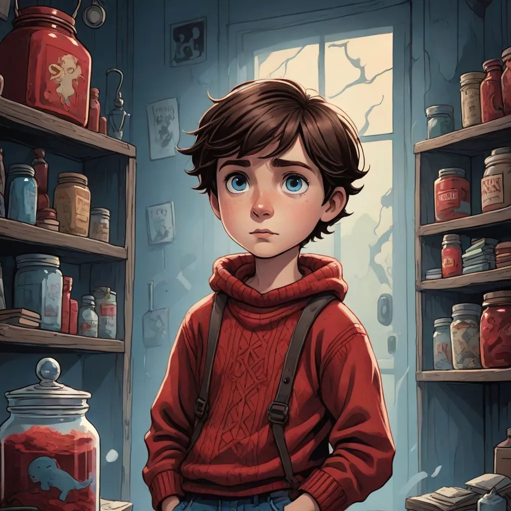 a boy in a red sweater standing in a room with shelves full of jars and jars on the walls, fantasy art, a storybook illustration, Aaron Jasinski, rossdraws global illumination