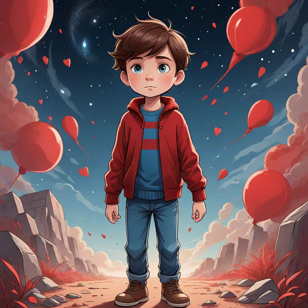 a boy standing in a desert with balloons floating in the sky above him and a red balloon floating in the air, sots art, poster art, Aaron Jasinski, rossdraws global illumination