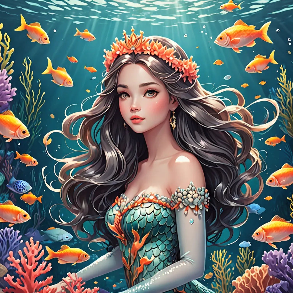 a beautiful mermaid with a crown on her head under the water surrounded by fish and corals, under a blue sky, fantasy art, a detailed painting, Anna Dittmann, trending on art station