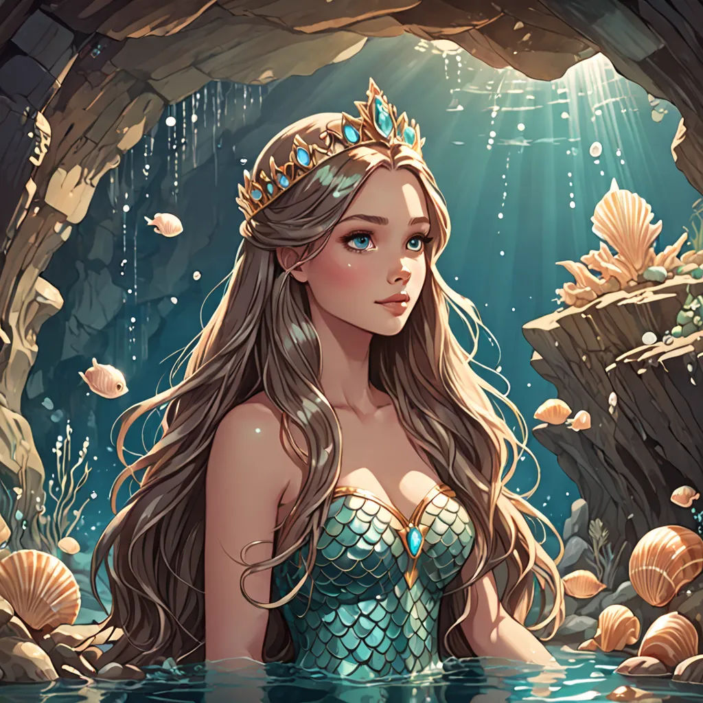 a beautiful woman in a mermaid costume sitting in the water with a crown on her head and a fish in her hand, fantasy art, a detailed painting, Artgerm, rossdraws global illumination