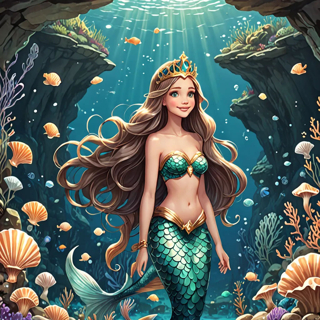 a mermaid with long hair standing in a cave with a fish and corals around her, under the water, fantasy art, a storybook illustration, Cliff Childs, rossdraws global illumination