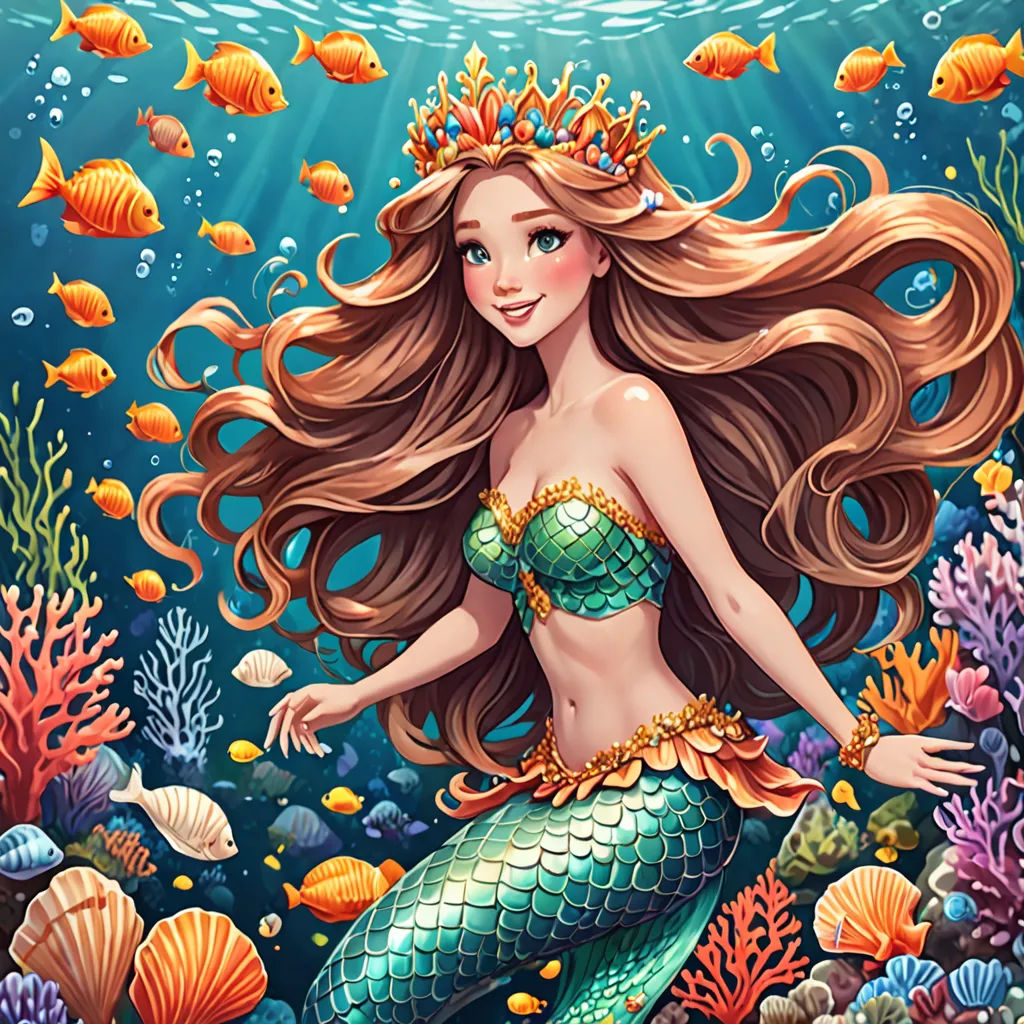 a mermaid with long hair and a crown on her head is sitting on a rock under the water and surrounded by fish, fantasy art, a storybook illustration, Artgerm, rossdraws global illumination