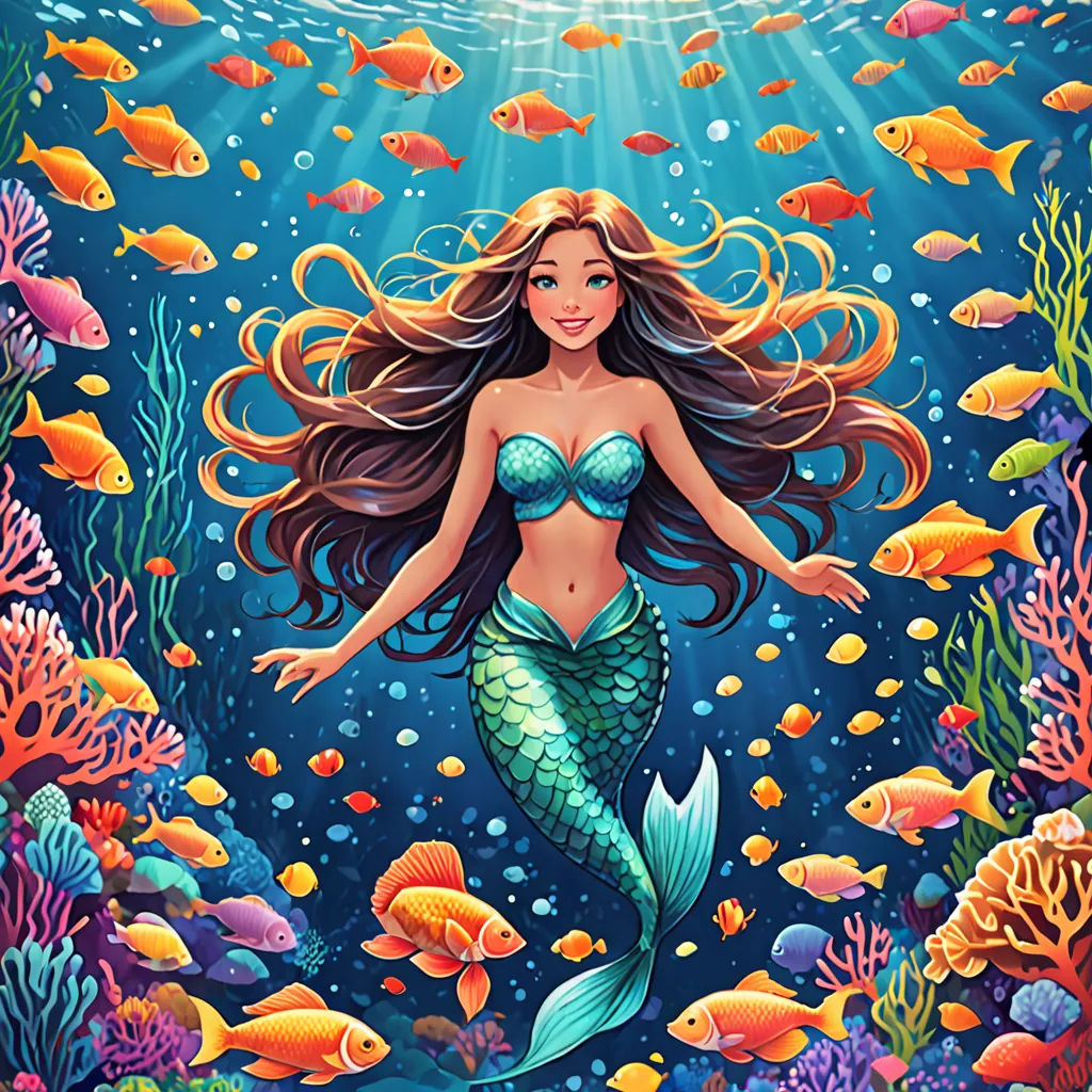 a painting of a mermaid with long hair and a fish tail in the ocean with corals and fish, pop surrealism, a storybook illustration, Cyril Rolando, highly detailed digital painting