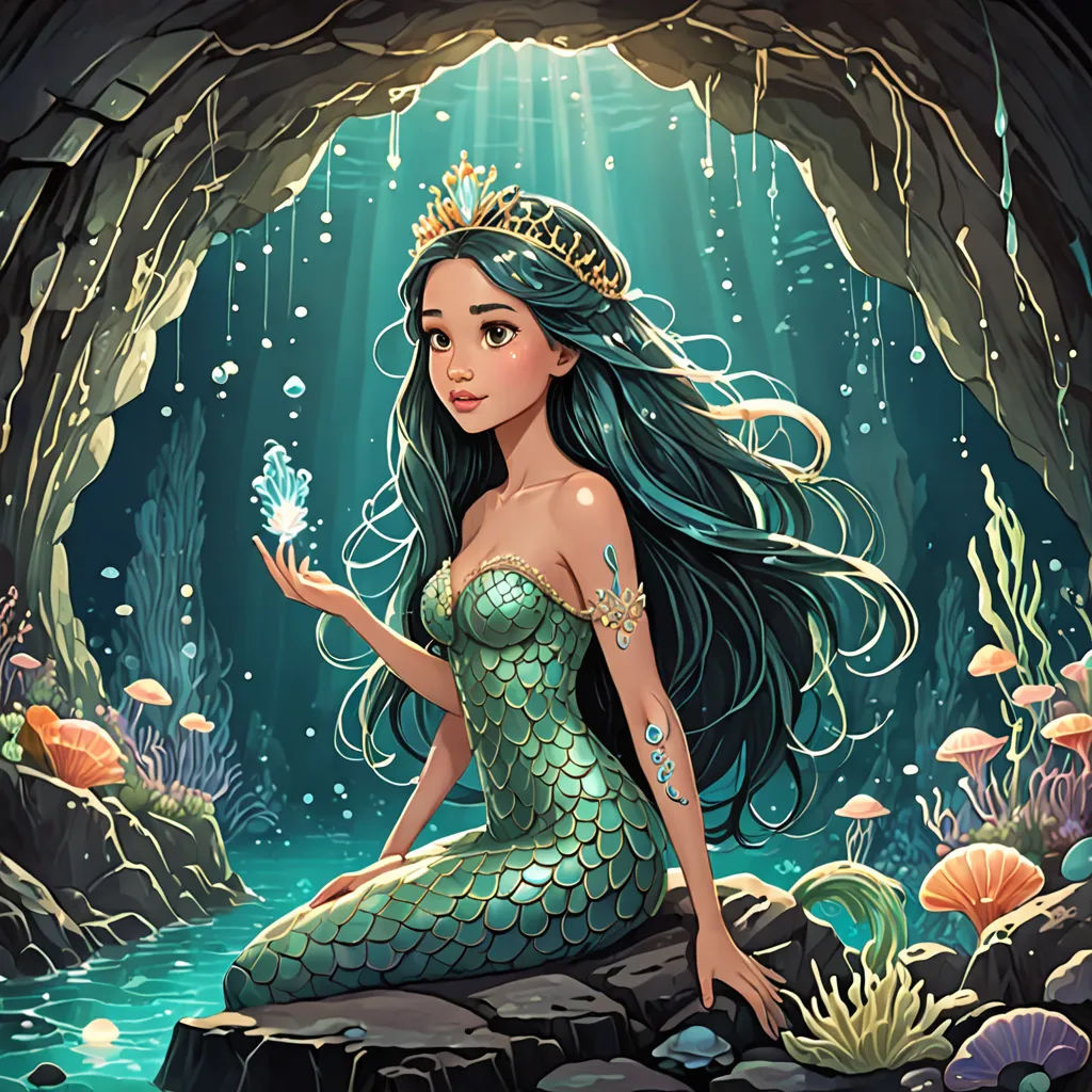 a mermaid sitting on a rock in a cave with a fish in her hand and a starfish in her hand, fantasy art, a storybook illustration, Cliff Childs, rossdraws global illumination
