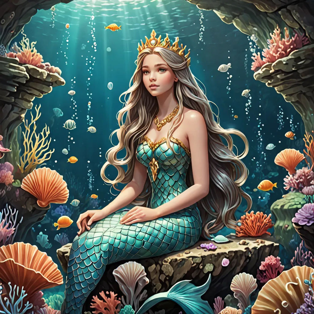 a mermaid sitting on a rock in a underwater cave with a fish and corals around her, and a fish - eating fish in the water, fantasy art, a storybook illustration, Anna Dittmann, highly detailed digital painting