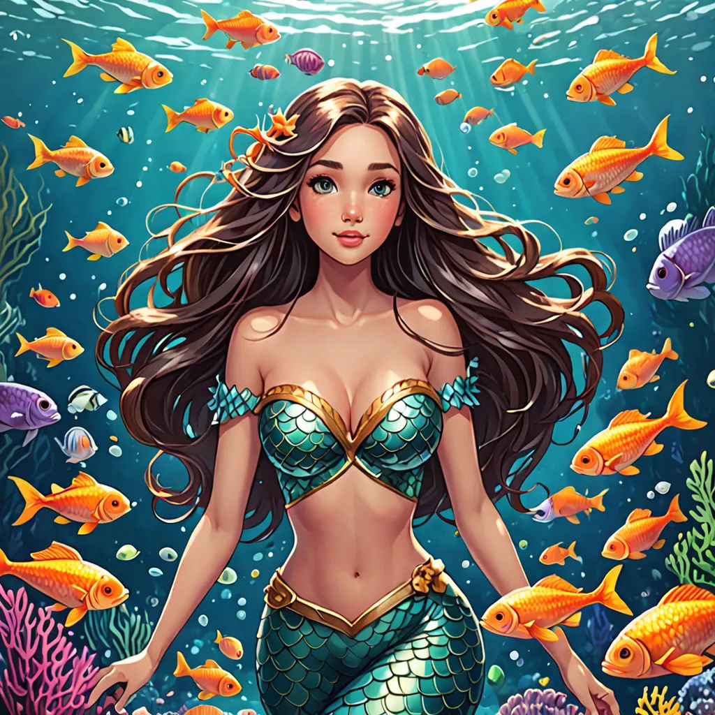 a beautiful mermaid with long hair standing in the water surrounded by fish and corals, with a light shining on her, fantasy art, a storybook illustration, Artgerm, rossdraws global illumination