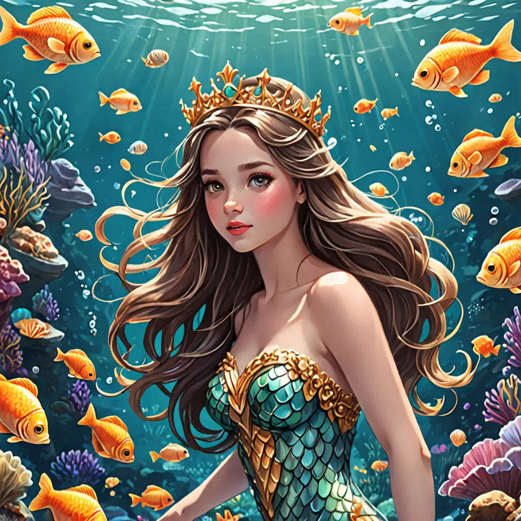 a beautiful mermaid with a crown standing in the ocean surrounded by fish and corals, under water, under a blue sky, fantasy art, a detailed painting, Artgerm, highly detailed digital painting
