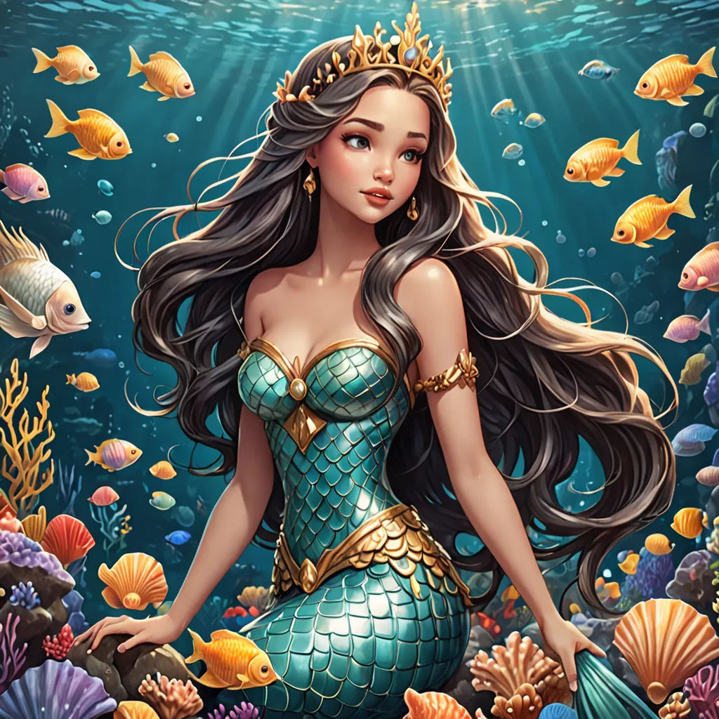 a beautiful mermaid sitting on a rock under the water with fish and corals around her, with a crown on her head, fantasy art, a detailed painting, Anne Stokes, rossdraws global illumination
