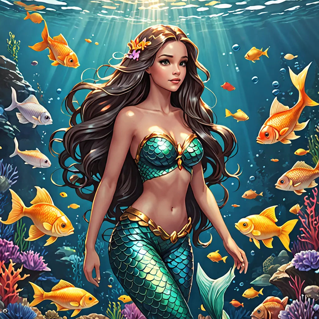 a beautiful mermaid with long hair standing in the ocean surrounded by fish and corals, under water with sunlight, fantasy art, a storybook illustration, Artgerm, rossdraws global illumination