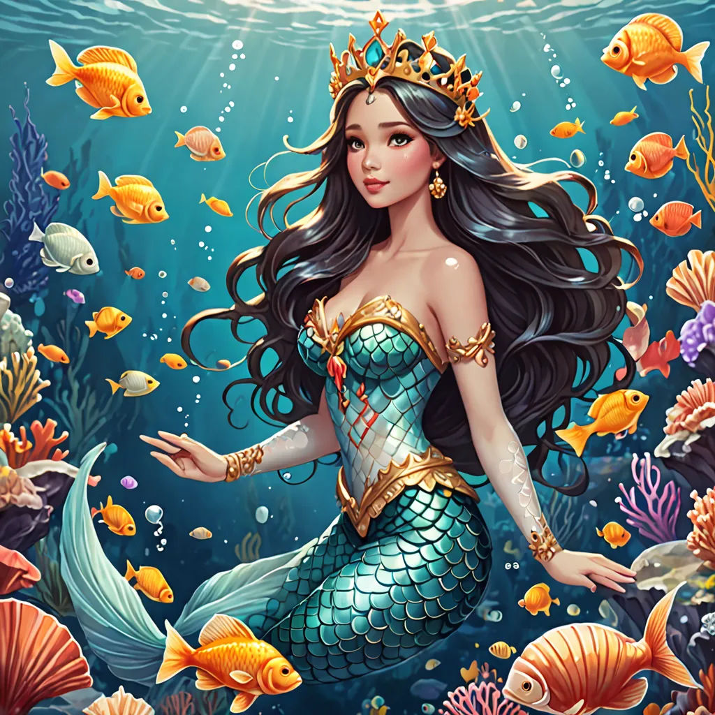 a mermaid with a crown on her head and a fish in her hand, surrounded by fish and corals, fantasy art, a storybook illustration, Anne Stokes, highly detailed digital painting