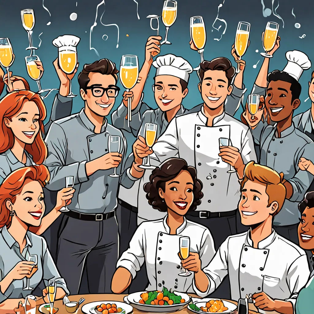 a group of people holding up glasses of wine and champagne in front of a table full of food and drinks, Bourgeois, incoherents, a stock photo, high detail illustration