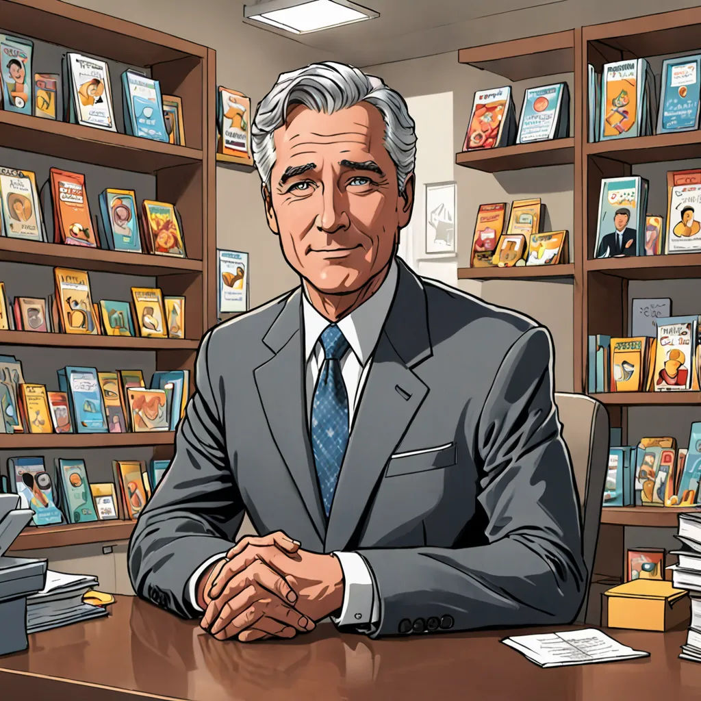 a man in a suit sitting at a desk in a library with bookshelves behind him and a printer on the desk, Allan Brooks, private press, a storybook illustration, graphic novel