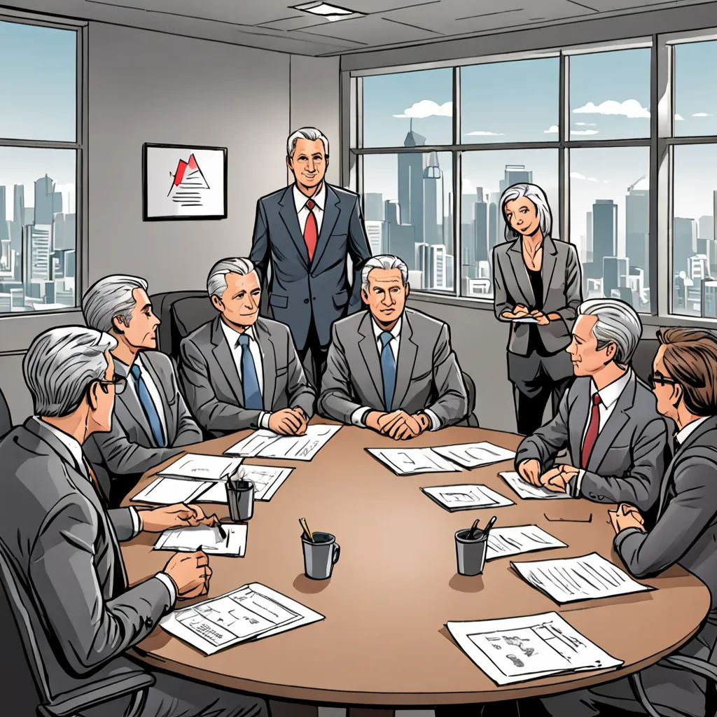 a group of people sitting around a table in a room with windows and a city view in the background, F Scott Hess, institutional critique, a comic book panel, graphic novel