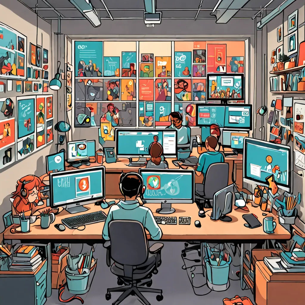 a man sitting at a desk in front of a computer monitor and a laptop computer in a room with many monitors, Asaf Hanuka, serial art, a comic book panel, josan gonzales and dan mumford