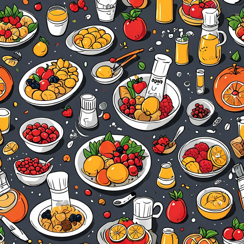 a table full of different types of food and drinks on it's surface, including oranges, apples, and cranberries, Artur Grottger, lyco art, vector art, detailed illustration