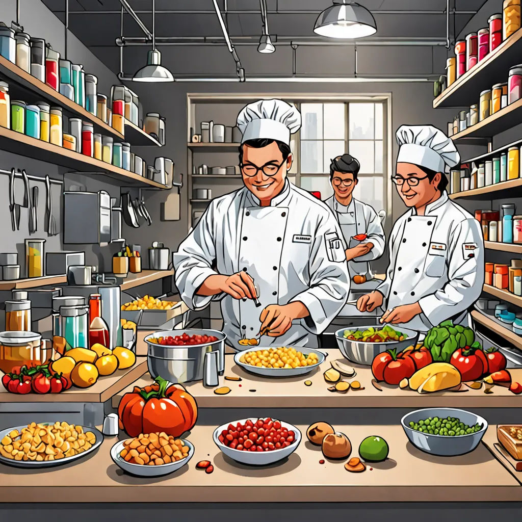 a couple of men standing in a kitchen preparing food together on a counter top with bowls of food on it, Akira Toriyama, sots art, a stock photo, official art