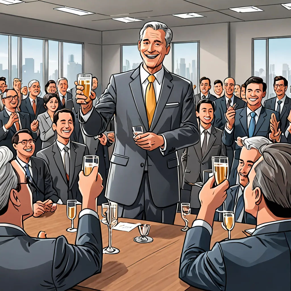 a man in a suit is holding a glass of beer in front of a group of people in suits, F. Scott Hess, figurativism, a stock photo, detailed illustration