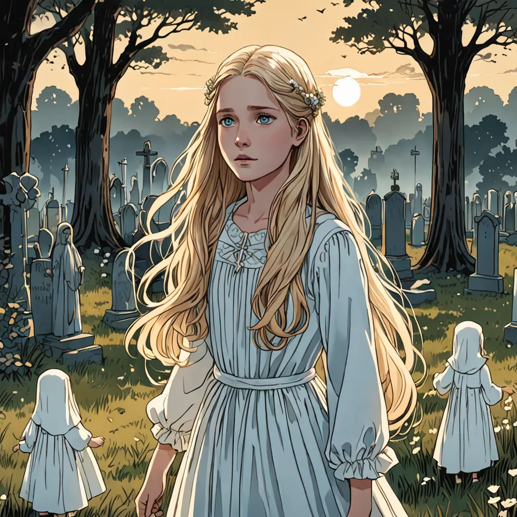 a girl in a dress standing in a cemetery with a full moon in the background and trees in the foreground, gothic art, a storybook illustration, Edgar Ainsworth, comic cover art
