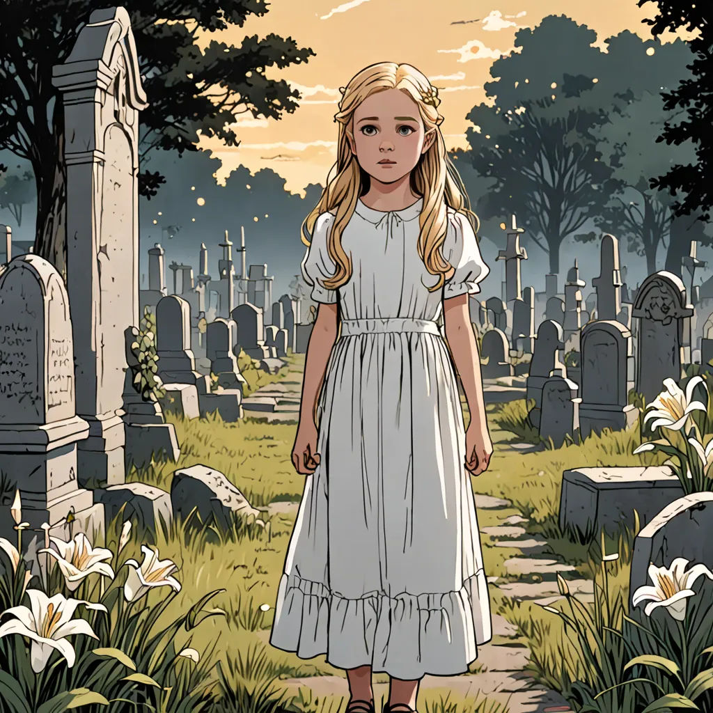 a little girl standing in a cemetery with a cemetery in the background and a cemetery in the foreground, gothic art, a comic book panel, Asaf Hanuka, comic cover art