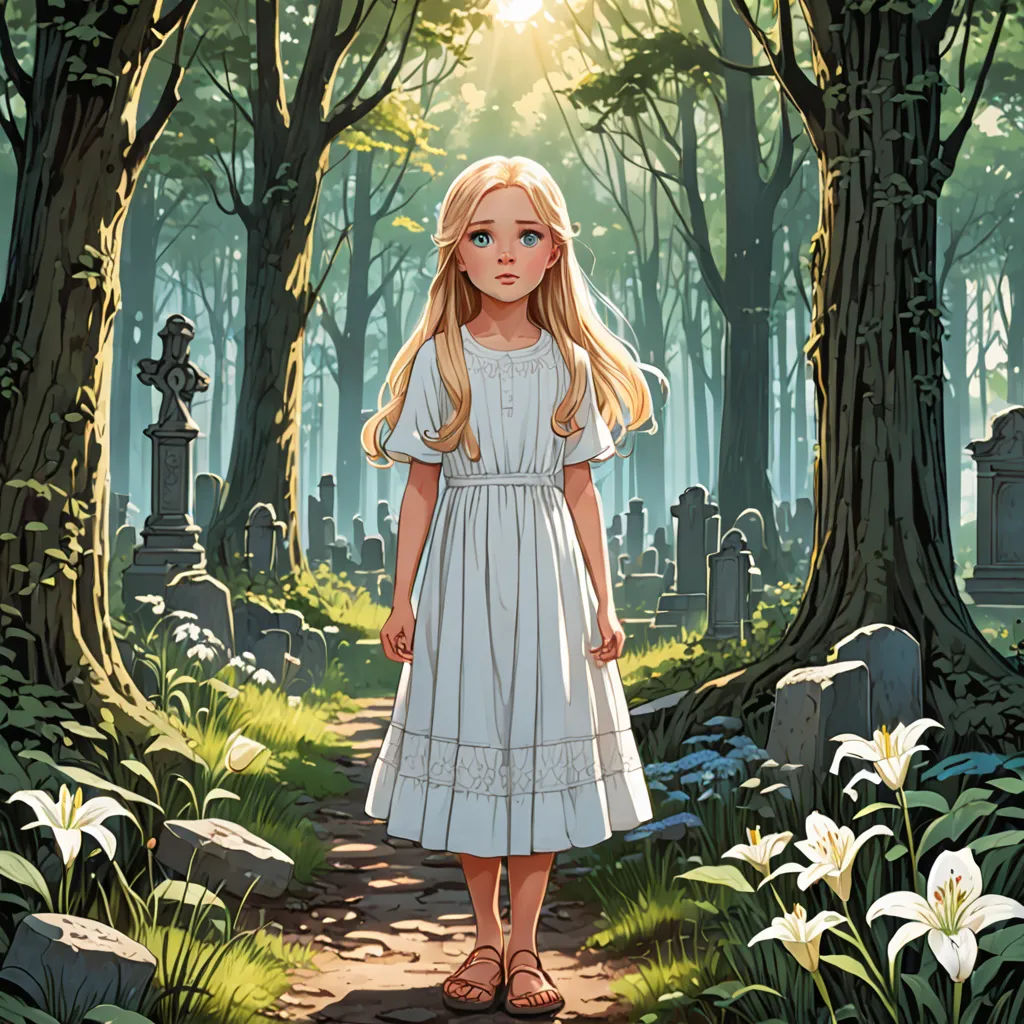a painting of a little girl in a white dress standing in a forest with a grave yard in the background, symbolism, a storybook illustration, Cliff Childs, official art
